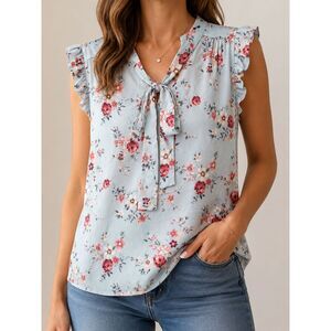 Sweet Rain Pastel Floral Ruffle Sleeve Tie Neck Blouse Plus Size 1X Cottagecore